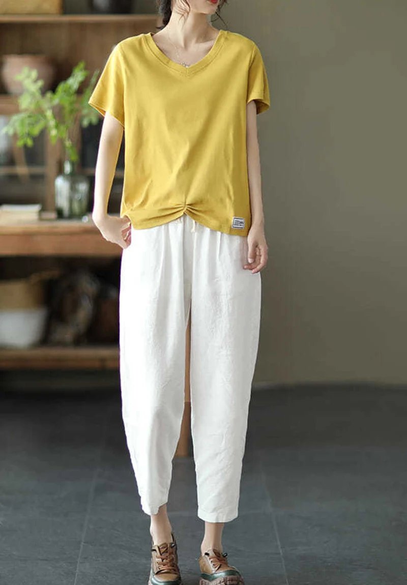 Pantalon ample et légé en coton et lin de couleur unie