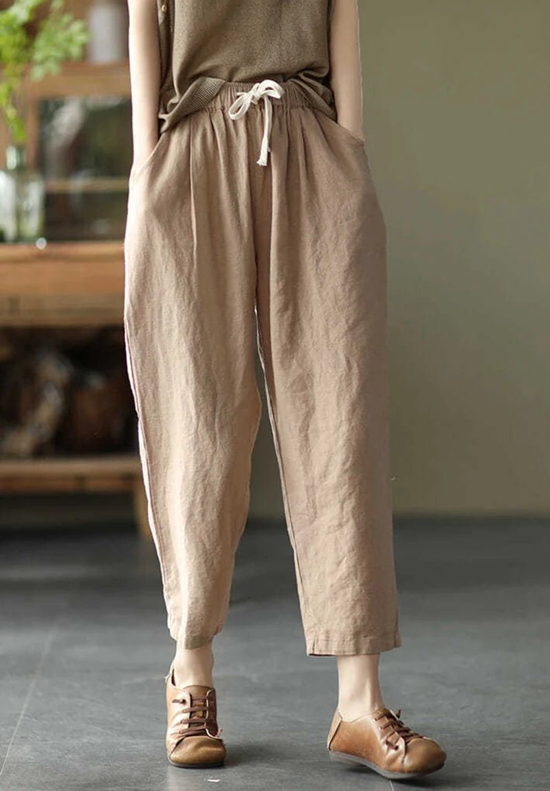 Pantalon ample et légé en coton et lin de couleur unie