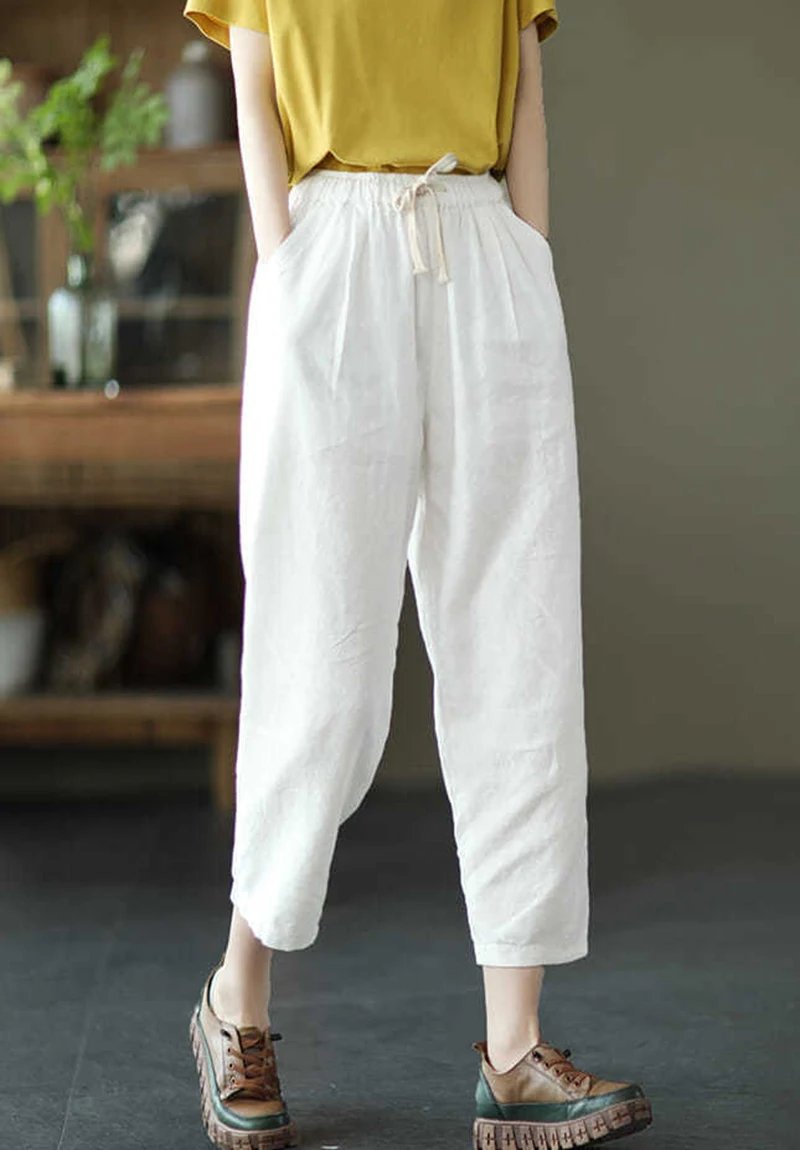 Pantalon ample et légé en coton et lin de couleur unie