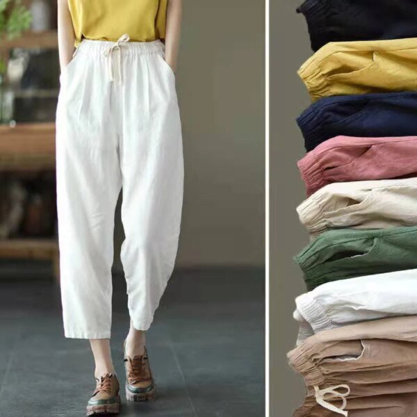 Pantalon ample et légé en coton et lin de couleur unie