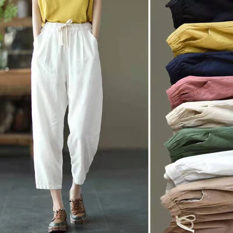 Pantalon ample et légé en coton et lin de couleur unie