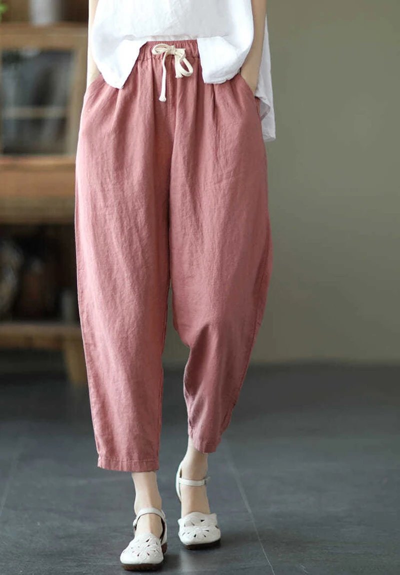 Pantalon ample et légé en coton et lin de couleur unie