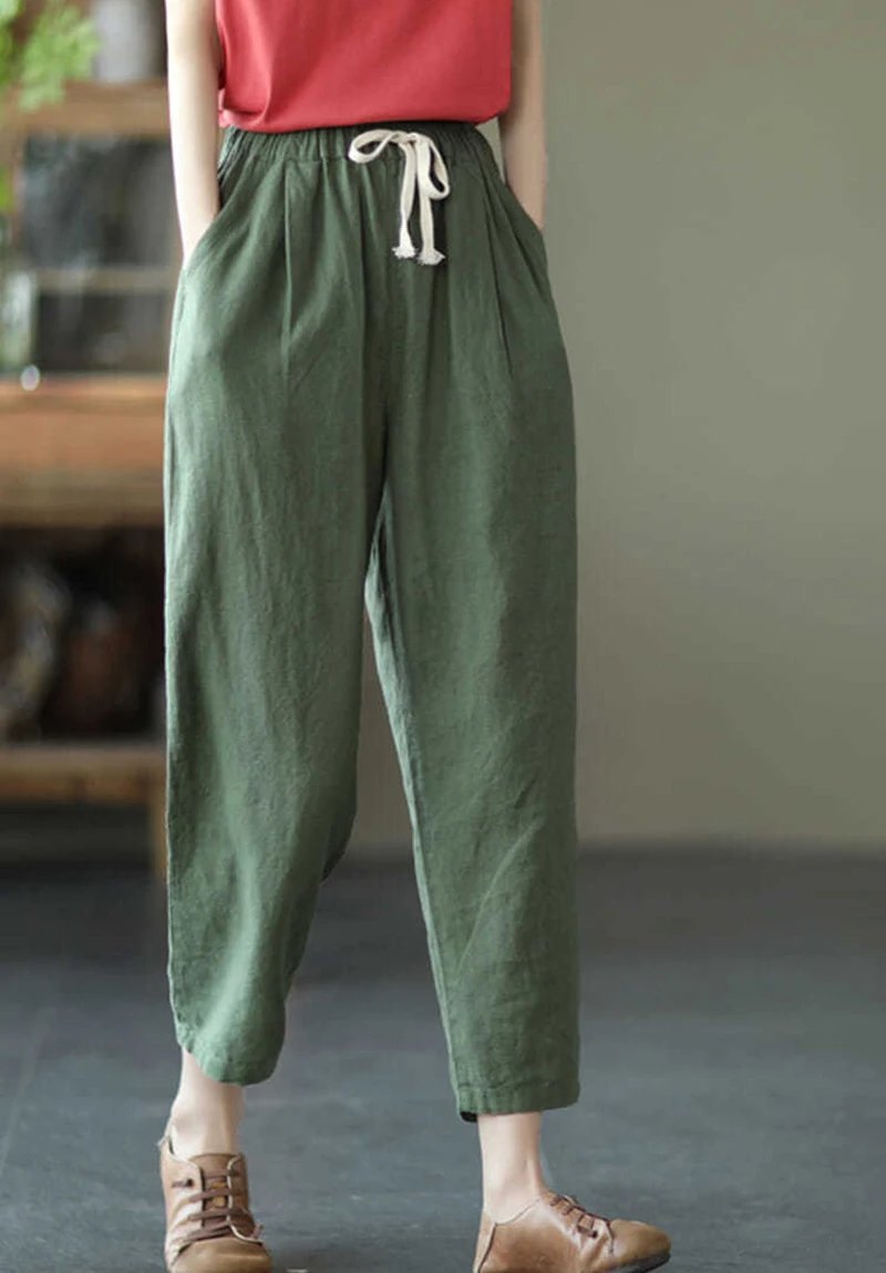 Pantalon ample et légé en coton et lin de couleur unie