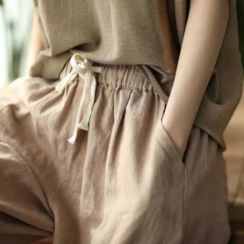 Pantalon ample et légé en coton et lin de couleur unie
