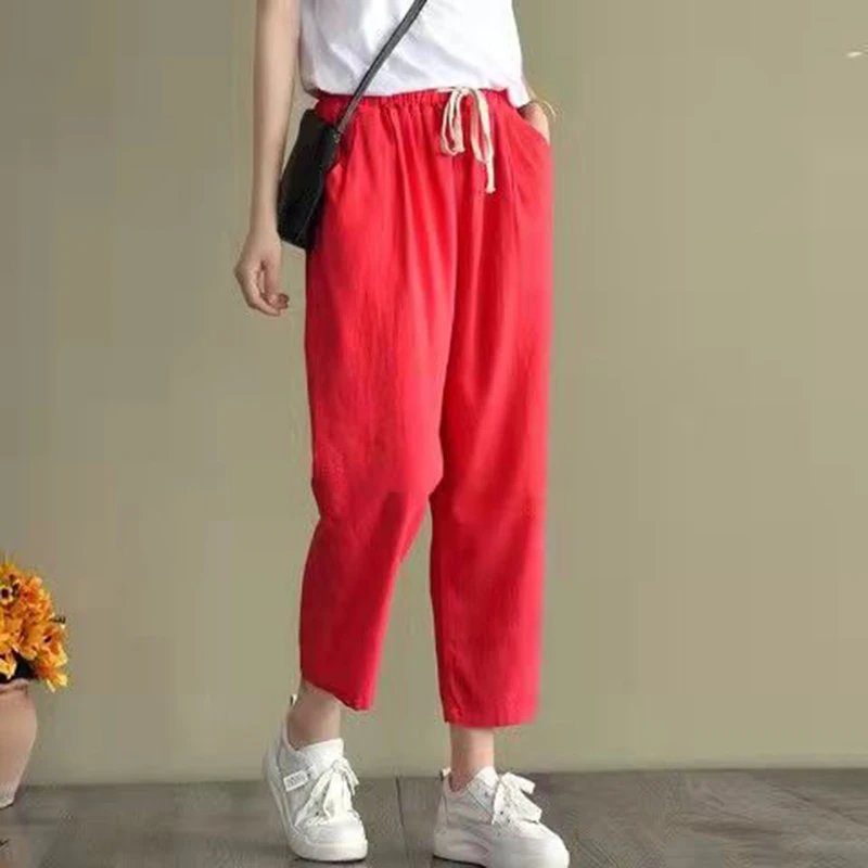 Pantalon ample et légé en coton et lin de couleur unie