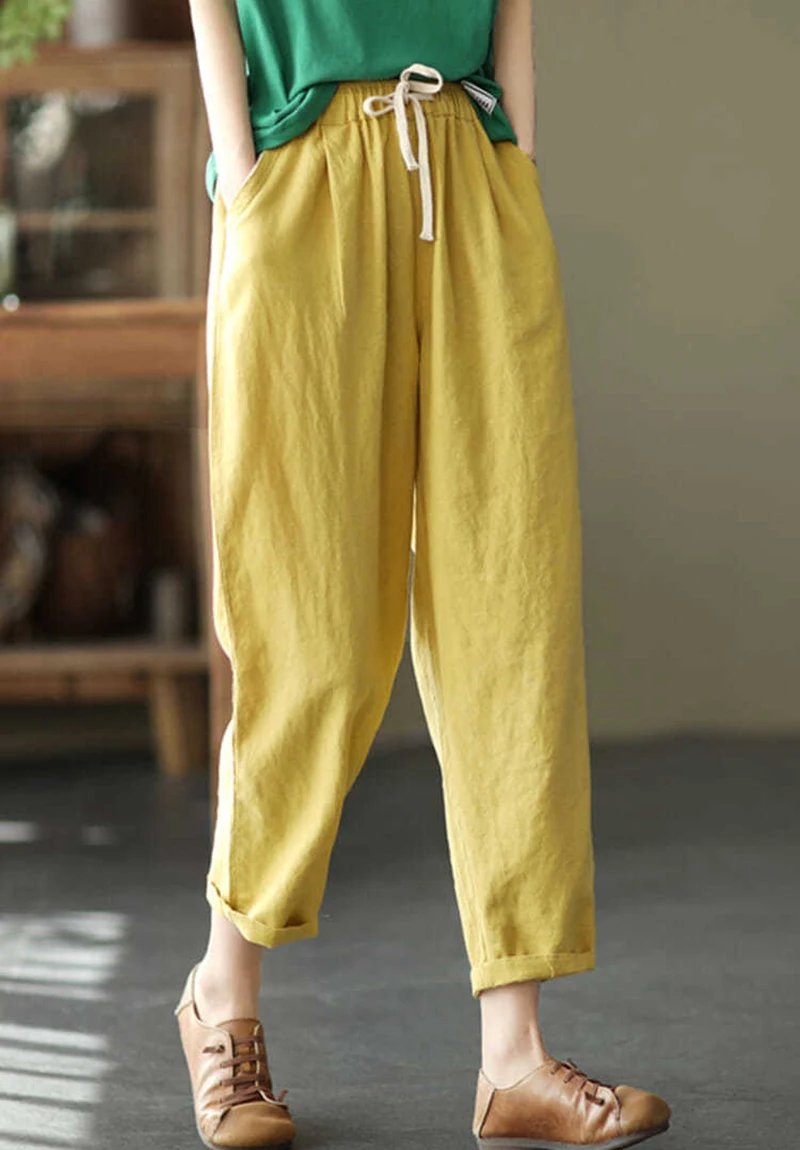 Pantalon ample et légé en coton et lin de couleur unie