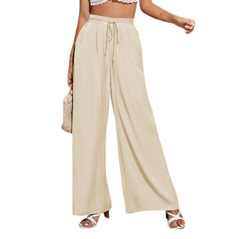 Pantalon ample taille haute, couleur unie