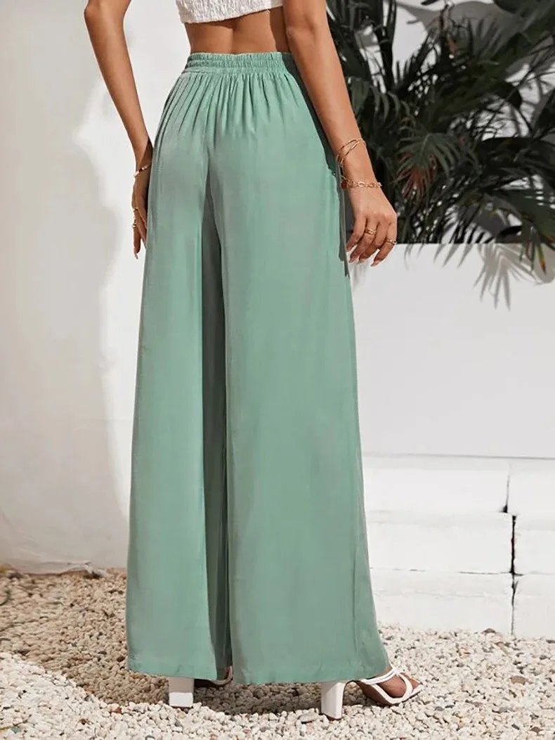 Pantalon ample taille haute, couleur unie