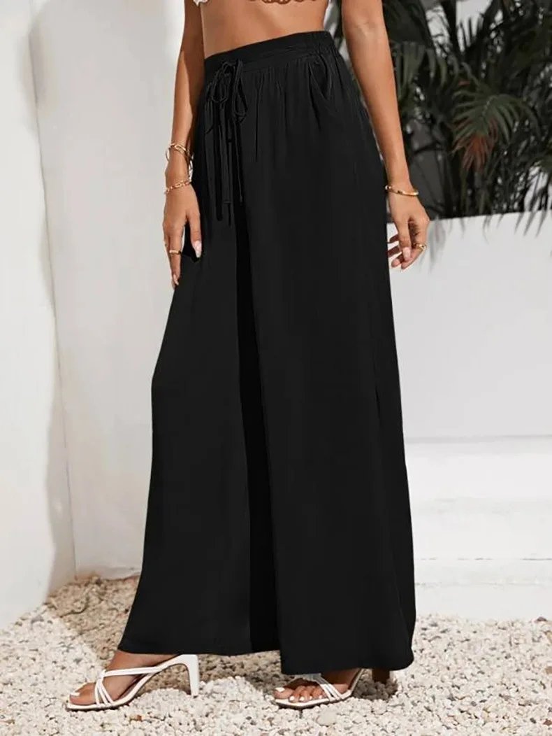 Pantalon ample taille haute, couleur unie