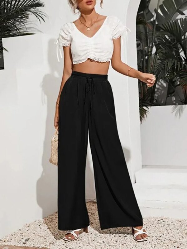 Pantalon ample taille haute, couleur unie – Image 4