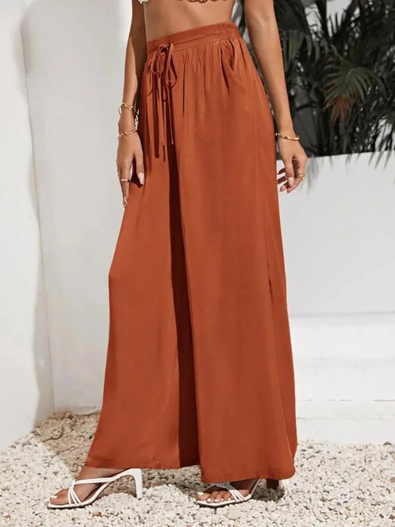 Pantalon ample taille haute, couleur unie