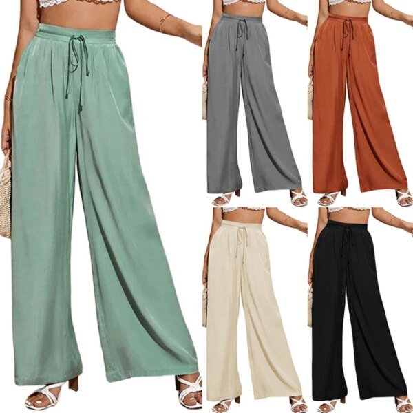 Pantalon ample taille haute, couleur unie