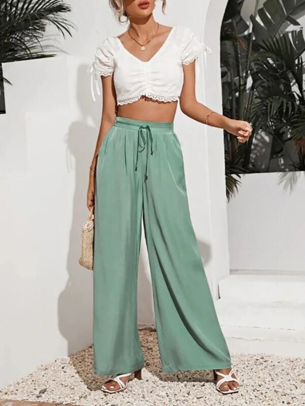 Pantalon ample taille haute, couleur unie – Image 2