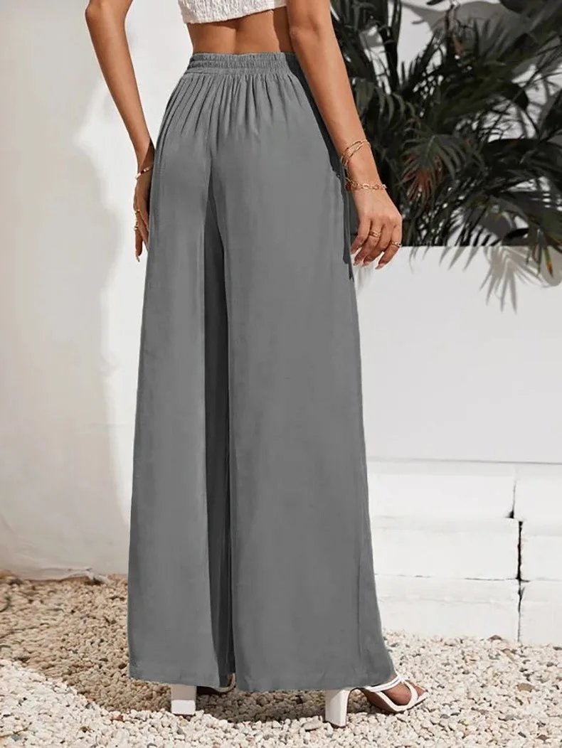 Pantalon ample taille haute, couleur unie