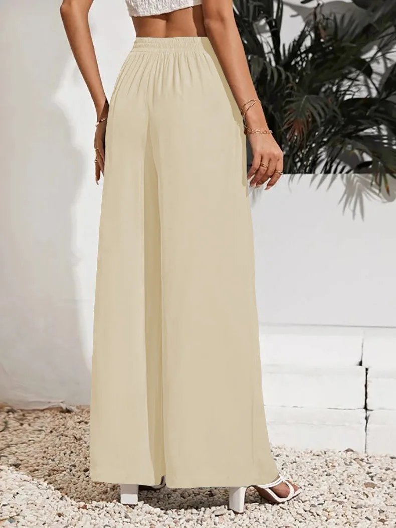 Pantalon ample taille haute, couleur unie