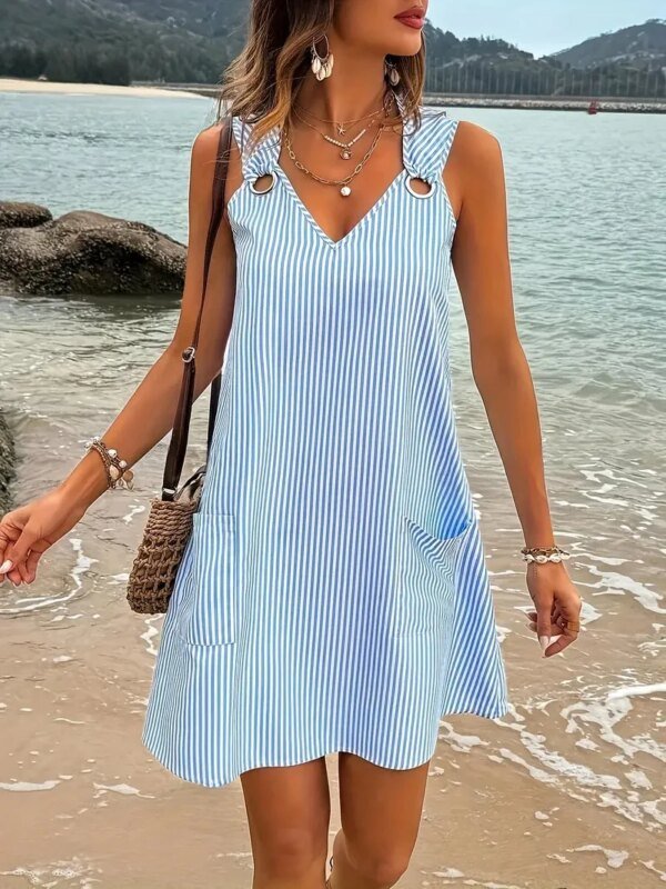 Robe d'été rayée bleue et blanche grande taille – Image 4