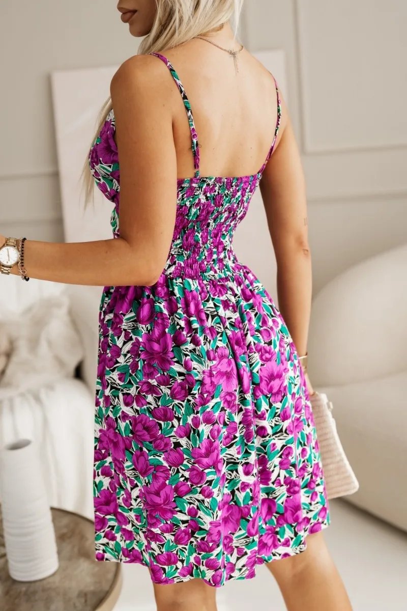 Robe d'été plissée imprimé floral a bretelle