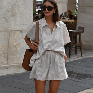 Ensemble rayé coton lin chemise ample / Shorts