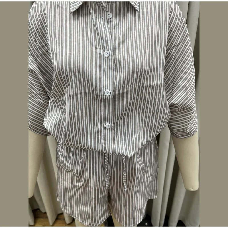 Ensemble rayé coton lin chemise ample / Shorts