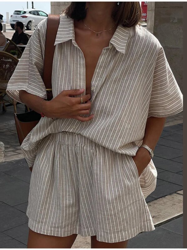Ensemble rayé coton lin chemise ample / Shorts – Image 5