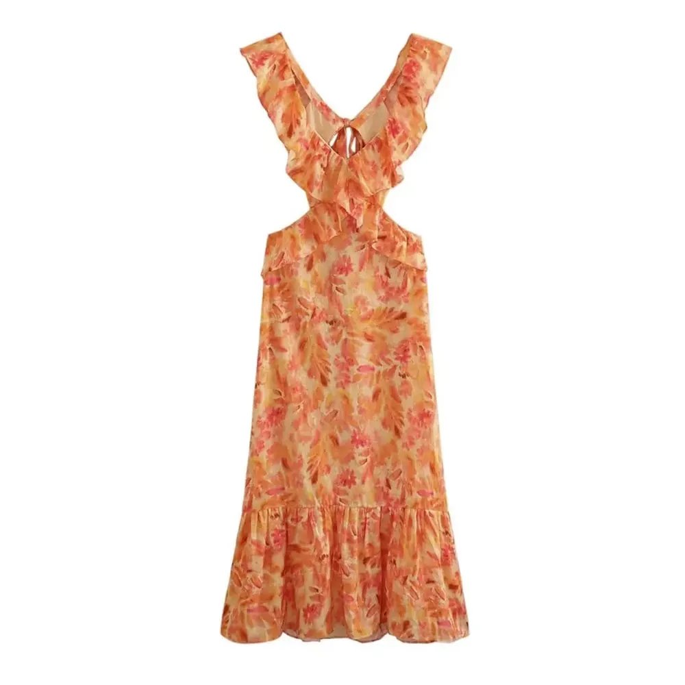 Robe Orange à volants imprimé Robe Orange à volants imprimé