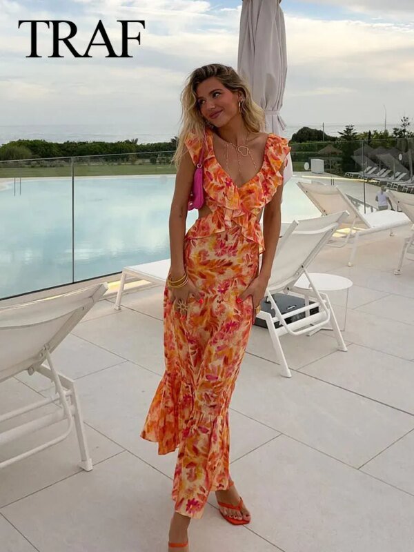 Robe Orange à volants imprimé – Image 2