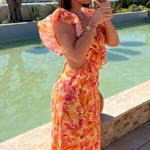 Robe Orange à volants imprimé