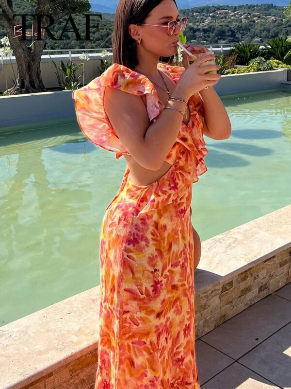 Robe Orange à volants imprimé