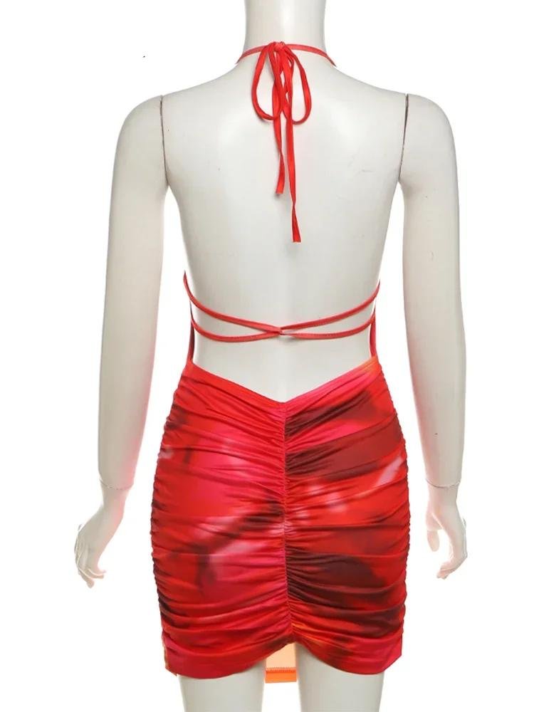 Nibber Spaghetti Strap Sexy Robe Femmes Y2K Dos Nu Pêche Hanche Lace Up Moulante Gradient Imprimer D'été Plage Vacances Clubwear