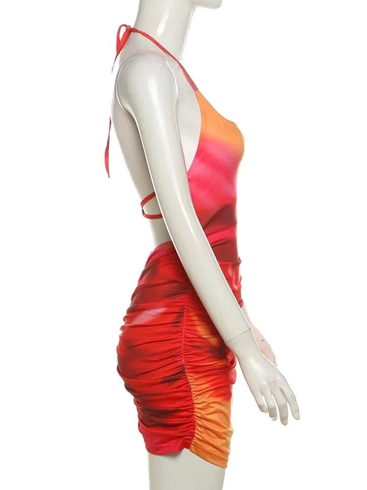 Nibber Spaghetti Strap Sexy Robe Femmes Y2K Dos Nu Pêche Hanche Lace Up Moulante Gradient Imprimer D'été Plage Vacances Clubwear