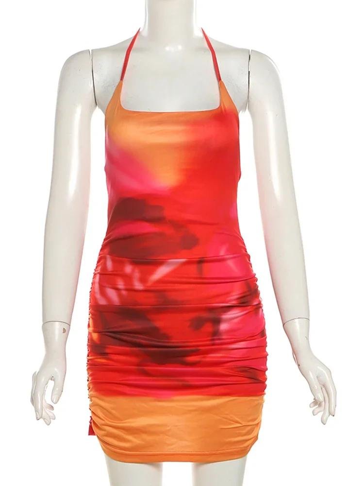 Nibber Spaghetti Strap Sexy Robe Femmes Y2K Dos Nu Pêche Hanche Lace Up Moulante Gradient Imprimer D'été Plage Vacances Clubwear