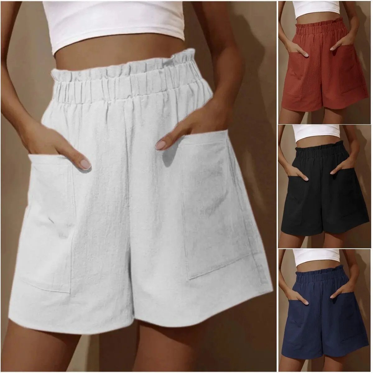 Short taille haute en coton et lin