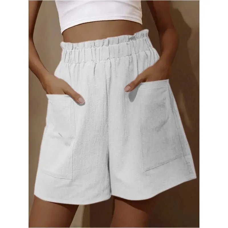 Short taille haute en coton et lin