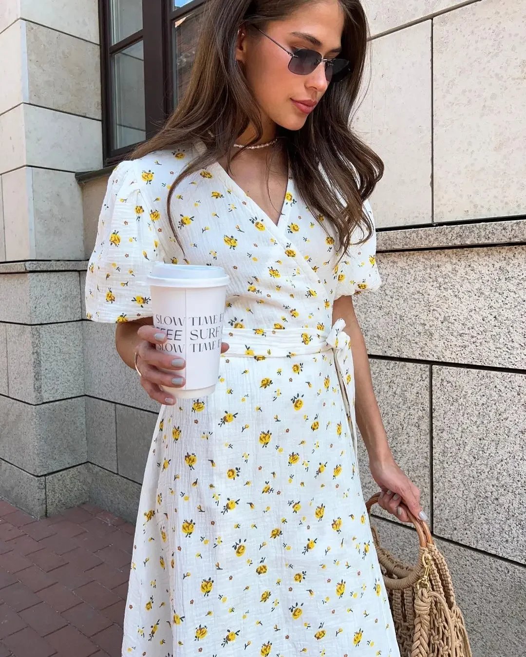 Robe longue à lacets et manches courtes en coton