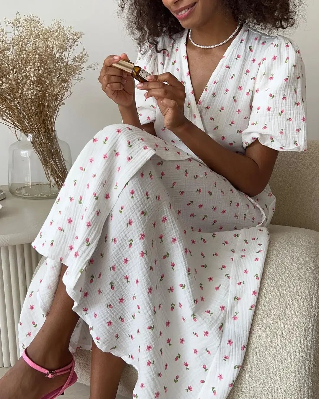 Robe longue à lacets et manches courtes en coton
