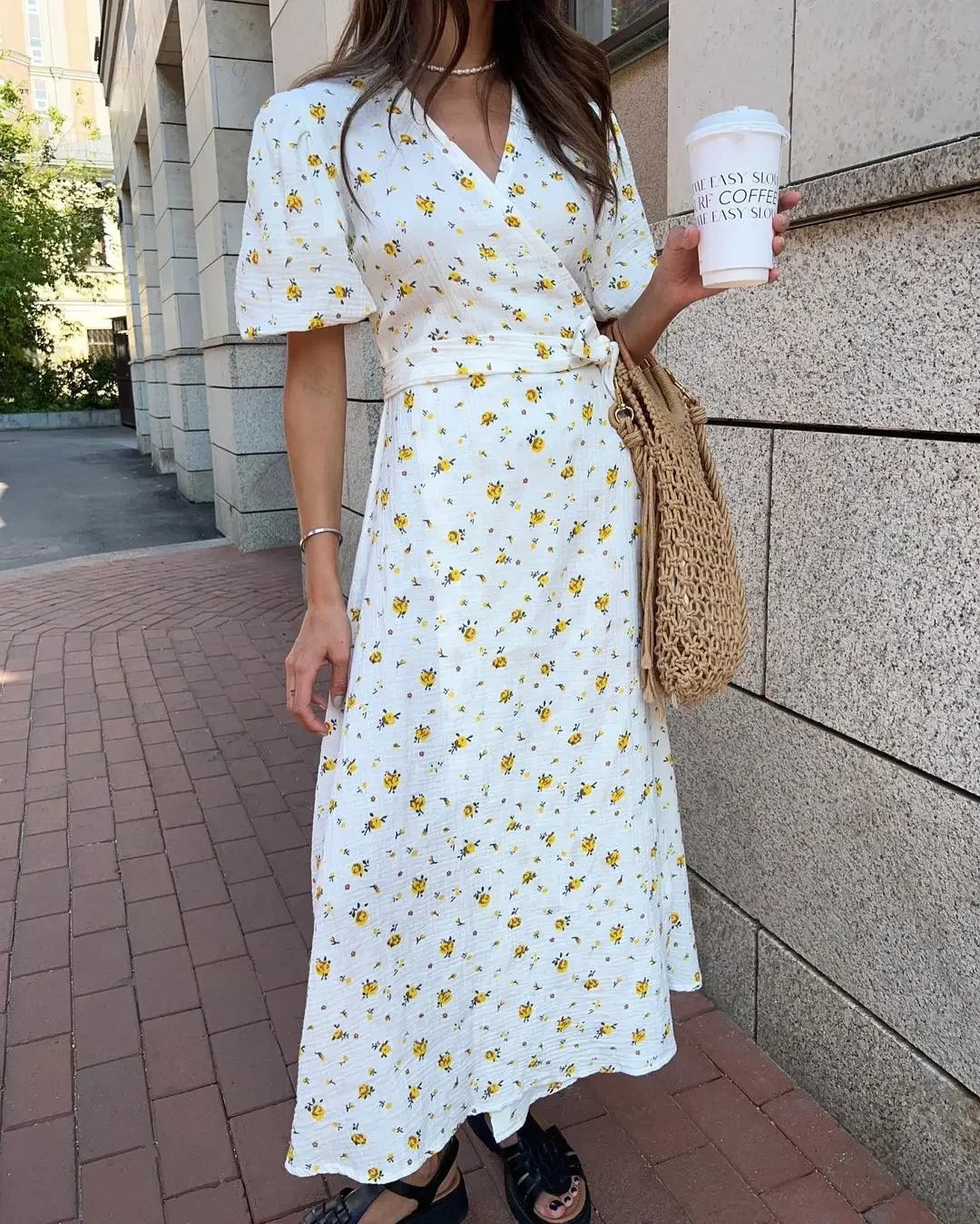 Robe longue à lacets et manches courtes en coton