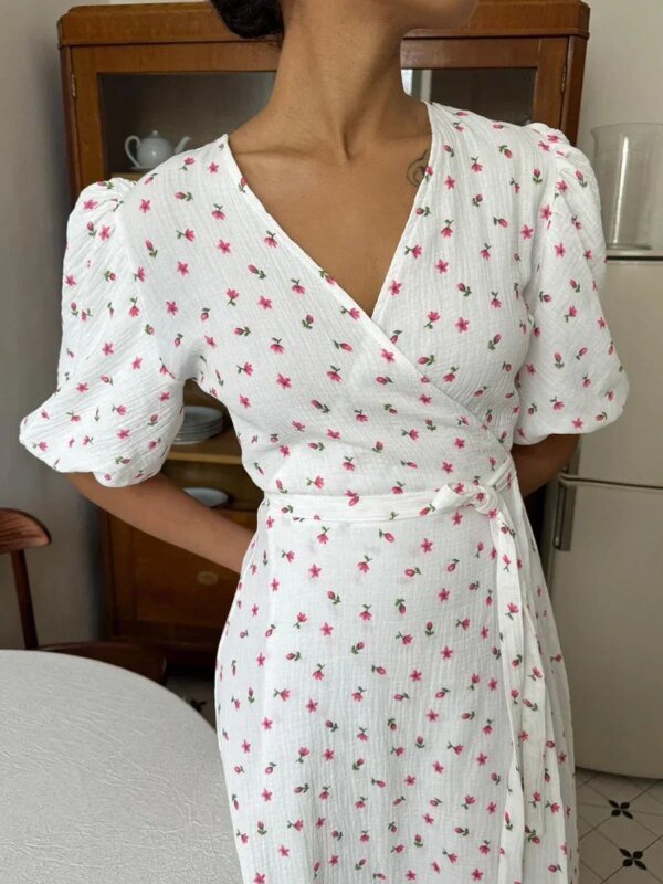 Robe longue à lacets et manches courtes en coton