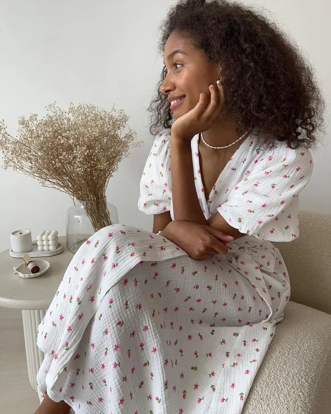 Robe longue à lacets et manches courtes en coton
