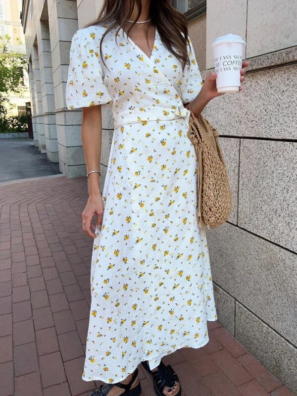 Robe longue à lacets et manches courtes en coton – Image 2