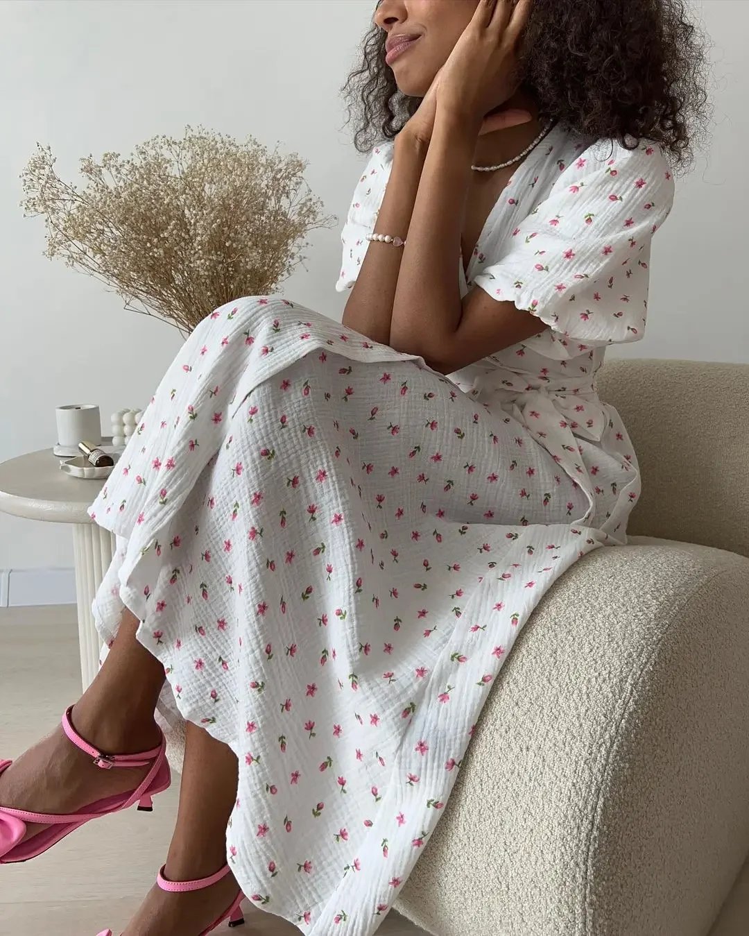 Robe longue à lacets et manches courtes en coton