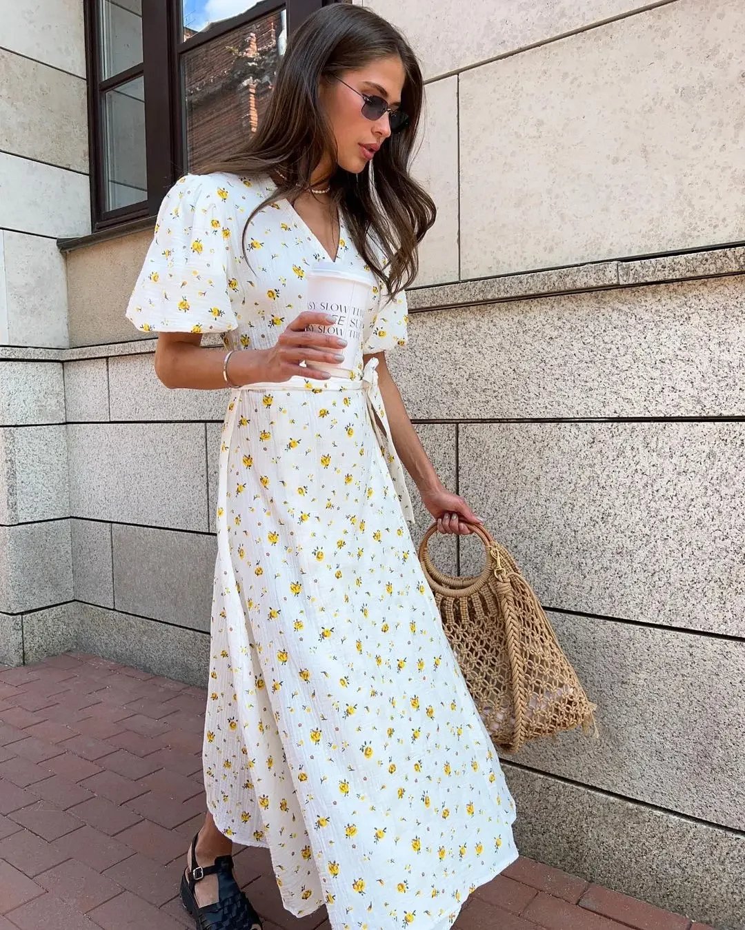 Robe longue à lacets et manches courtes en coton