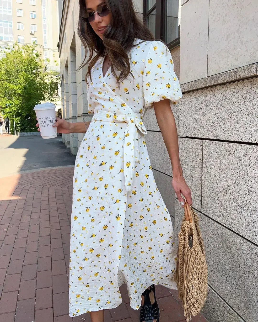 Robe longue à lacets et manches courtes en coton