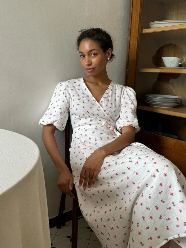 Robe longue à lacets et manches courtes en coton – Image 5